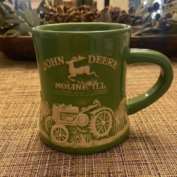 John Deere Green Raised Relief Stoneware Tractor Field Coffee Mug Cup Moline ILL - Picture 1 of 12